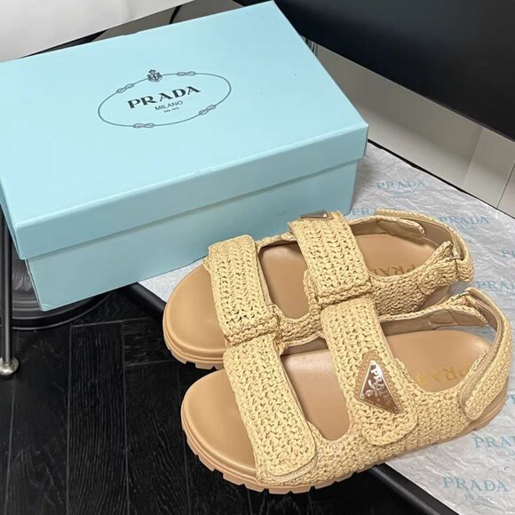 Prada Raffia Straw Triangle Logo Sandals - Picture 1 of 4